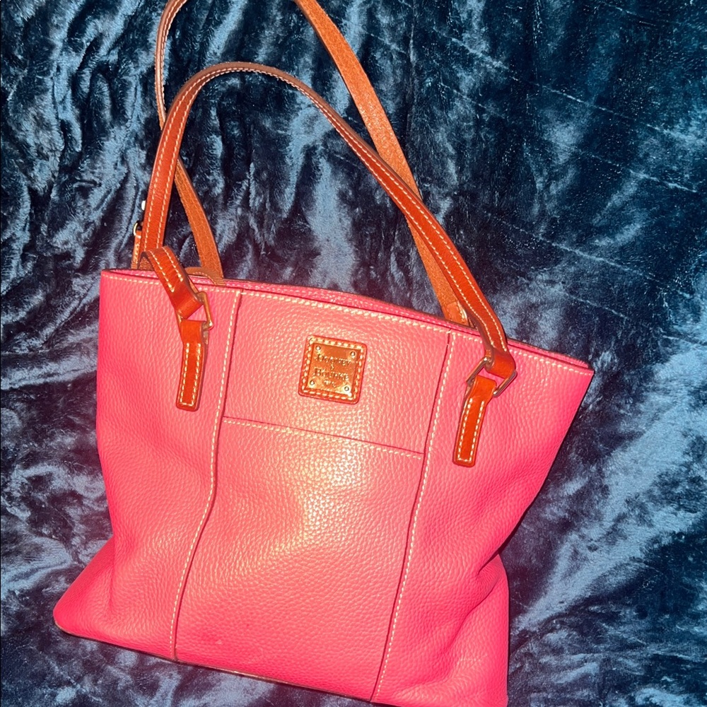 Dooney & Bourke Coral Pink Pebble Leather Tote with Tan Handles